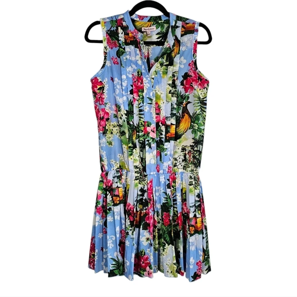 Juicy Couture Paradise Blue Sleeveless Hawaiian Floral Mini Dress Sz 4 - Picture 3 of 14